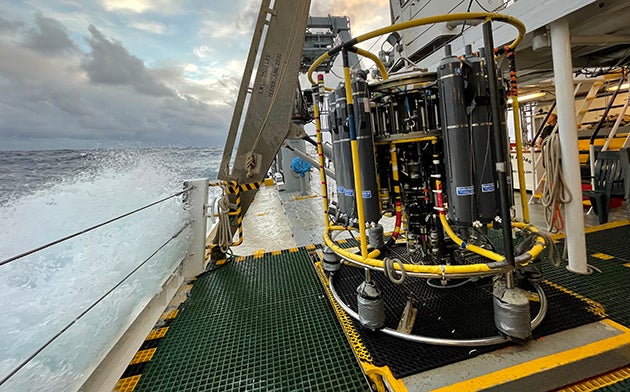A conductivity, temperature, and depth instrument on a research vessel