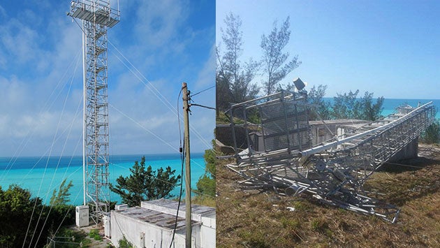 The Tudor Hill facility shown before (left) and after (right) the impact of Hurricane Gonzalo